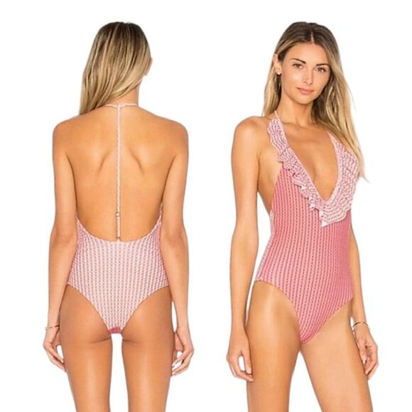 Tularosa Mixed Print Two Sided Maisie One Piece Ruffled Swimsuit Women's Sz M - Picture 2 of 11